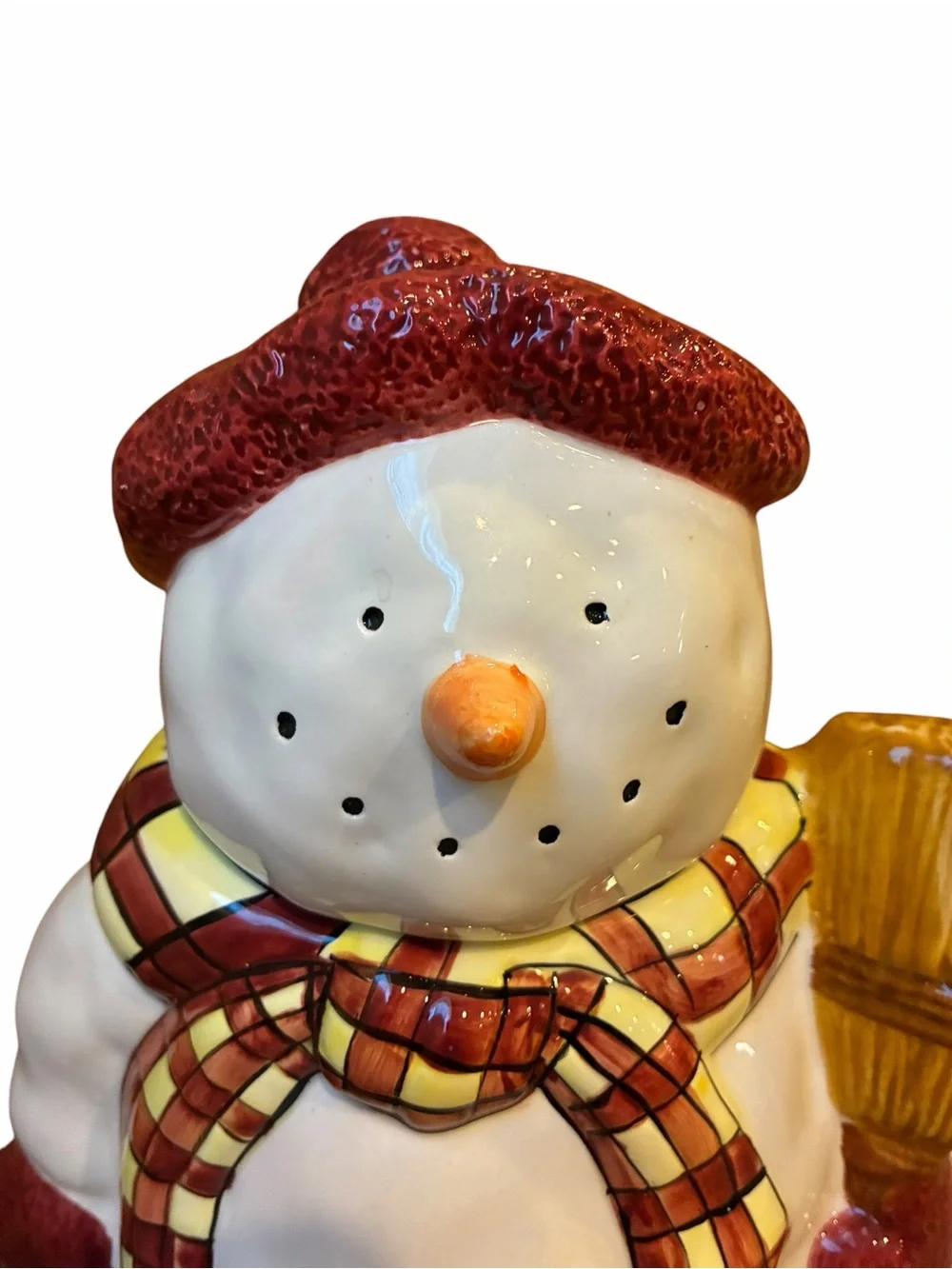 Sakura Debbied Mumm White Snowman Cookie Jar Red Hat lid Plaid Scarf Christmas